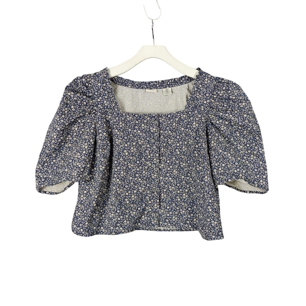 Levis Womens Cottagecore Coquette Puff Sleeve Floral Top 1X Blue Button Front